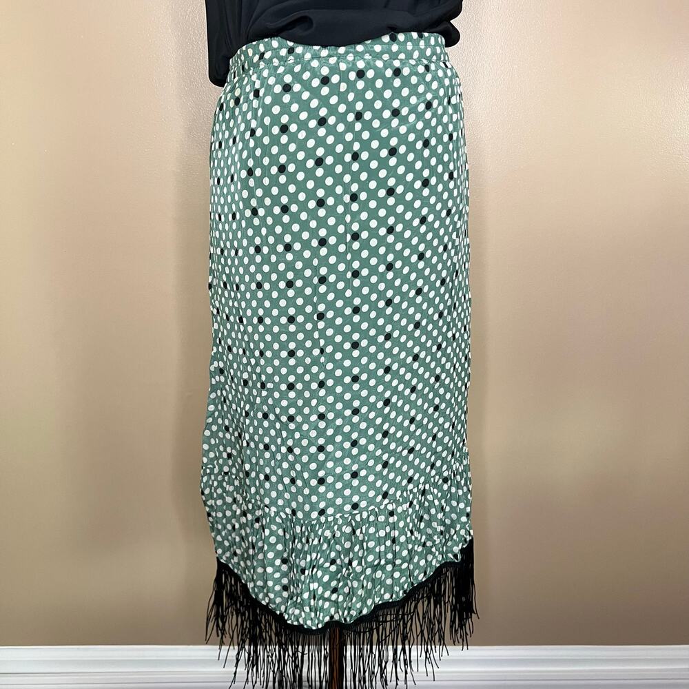 Boho Green Polka Dot Midi Skirt Ruffle Fringe Hem Size Small 6